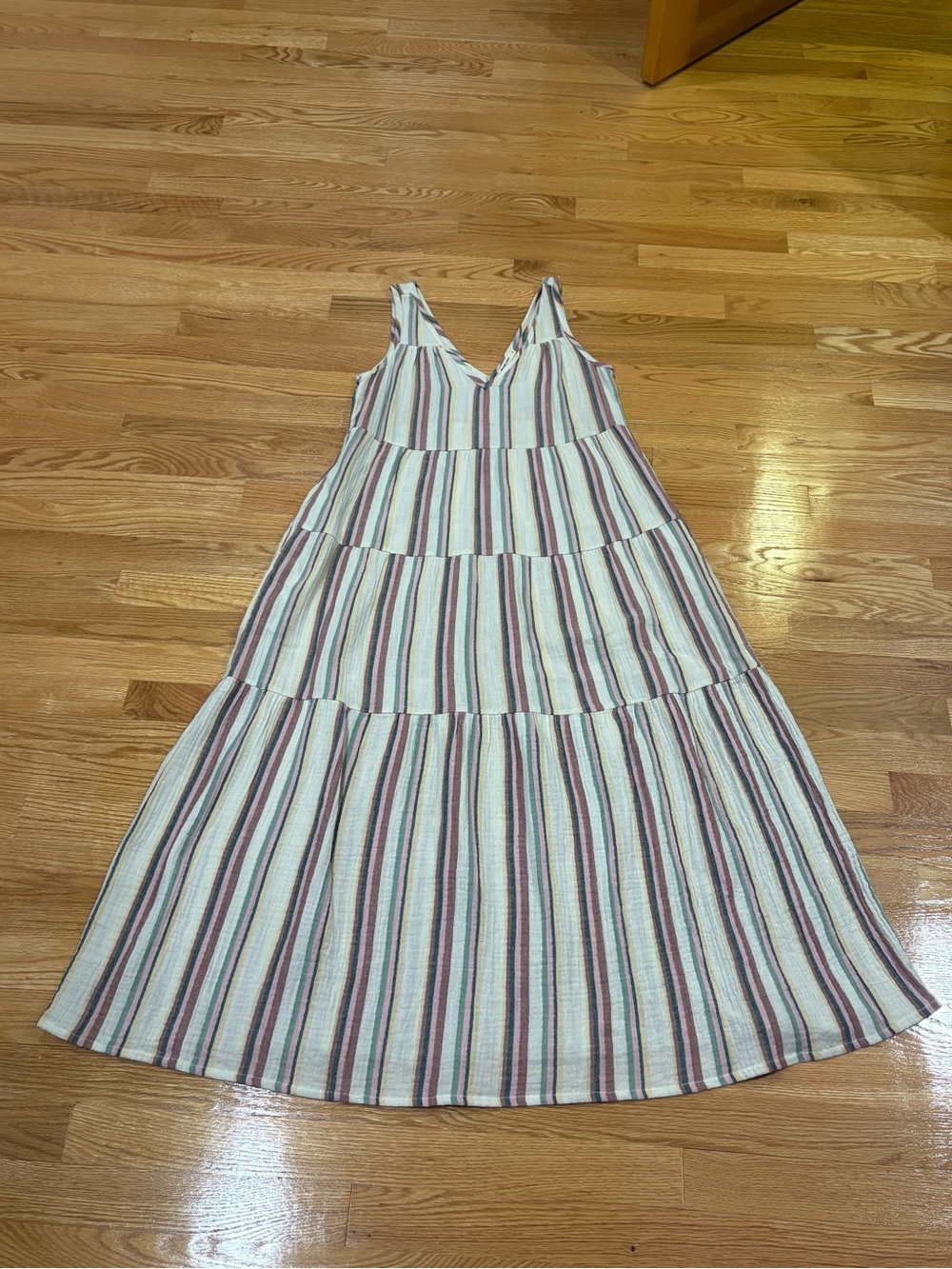 Marine Layer Striped V-Neck Tiered Maxi Dress in Cream, Blue, and Burgundy